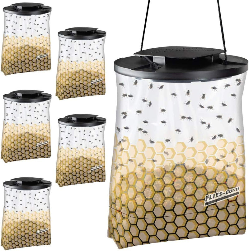 Flies Be Gone Fly Trap 5 Pack - Disposable Non Toxic Fly Catcher - Made in USA - Natural Bait Trap for Patios, Ranches. Easy to Use Outdoor Traps, Keeps Flies from Coming Indoors