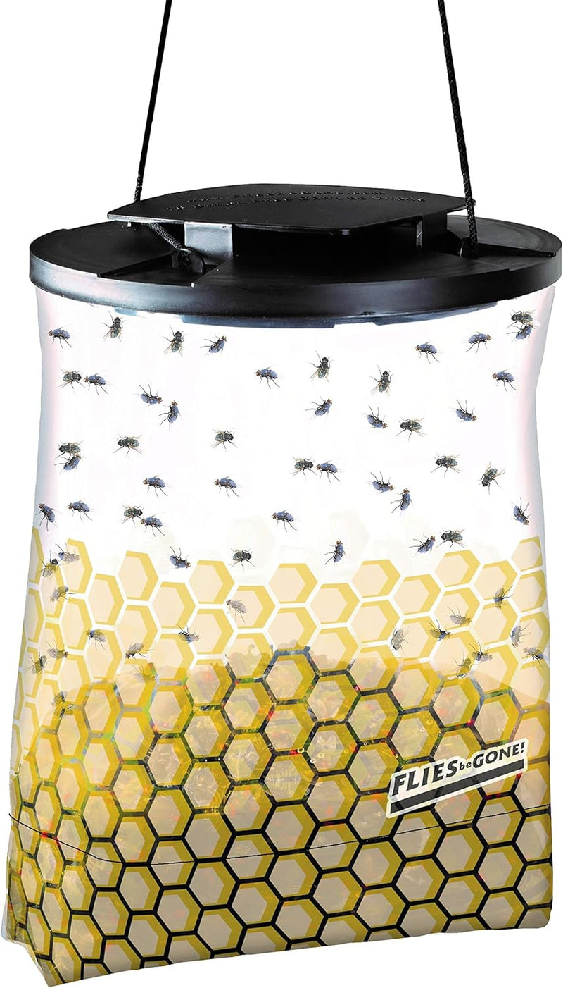 Flies Be Gone Fly Trap 5 Pack - Disposable Non Toxic Fly Catcher - Made in USA - Natural Bait Trap for Patios, Ranches. Easy to Use Outdoor Traps, Keeps Flies from Coming Indoors