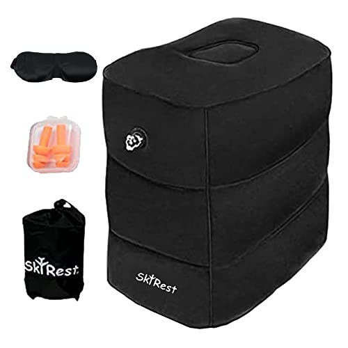 SkyRest® Inflatable Travel Foot Rest Pillow - Standard Airplane Foot Rest Pillow - Kids Bed for Travel - Footrest or Airplane Bed for Kids and Toddler - Leg Rest/Flyaway Kids Bed - 2 Pack - Black