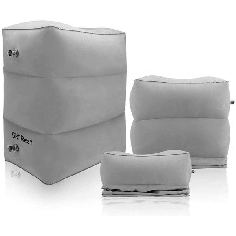 SkyRest® Inflatable Travel Foot Rest Pillow - Height Adjustable Leg Pillow - Foot Rest for Under Desk at Work - (Grey)